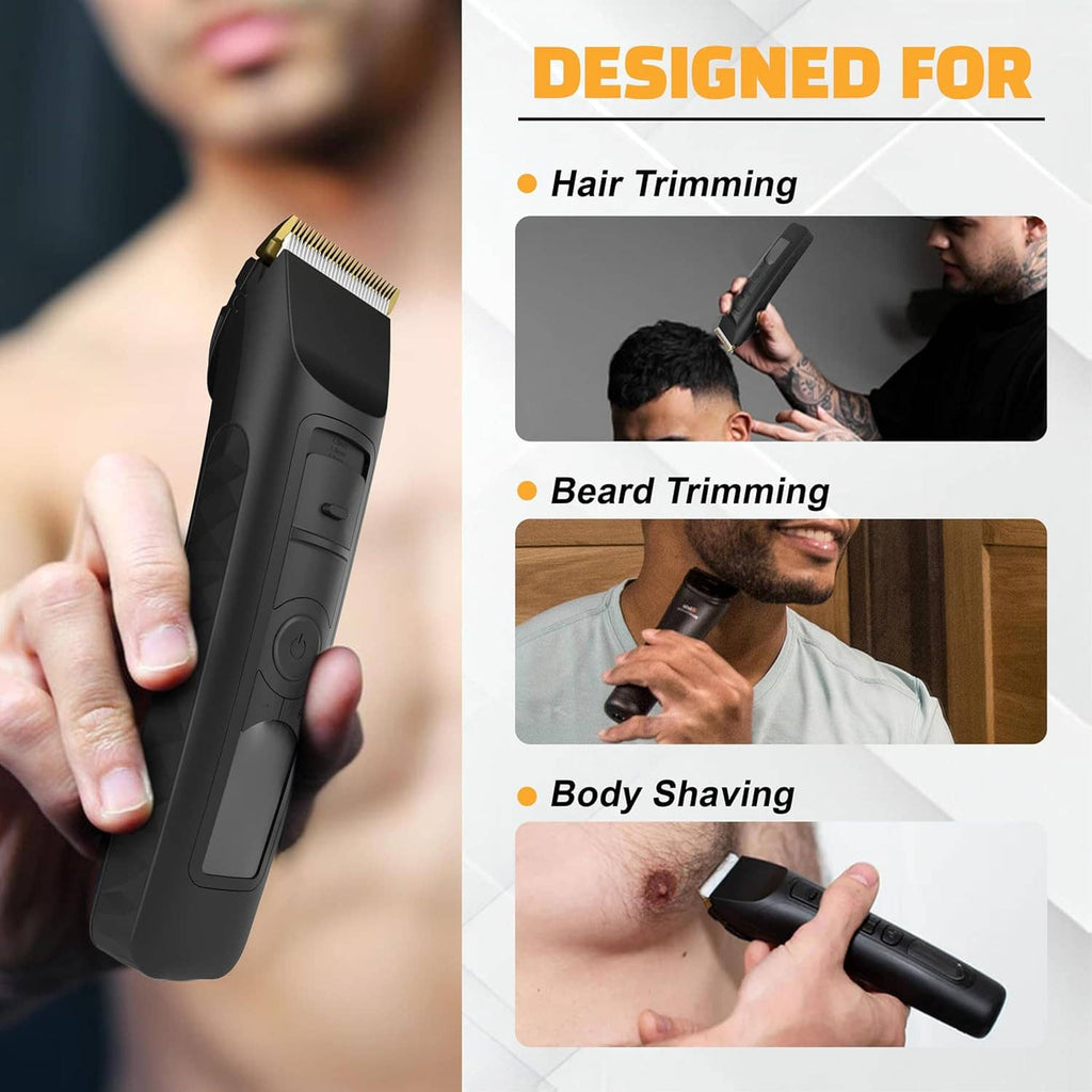 Black grooming trimmer held in hand with multi-use attachments for beard and hair