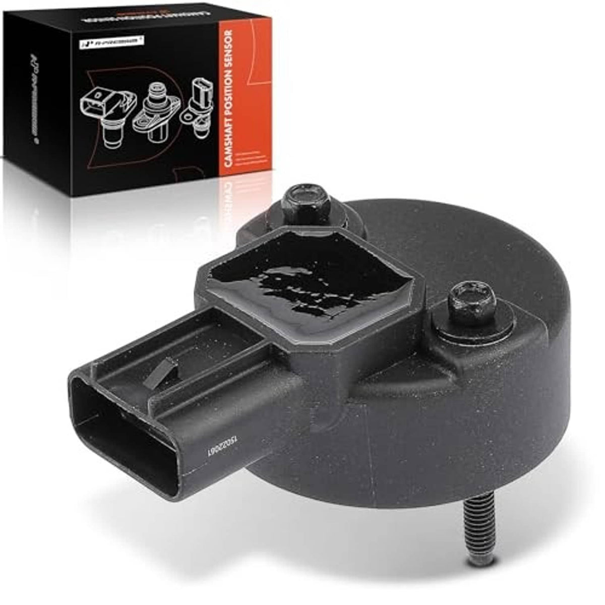 Black camshaft position sensor with square opening, 2 bolts, and side electrical plug