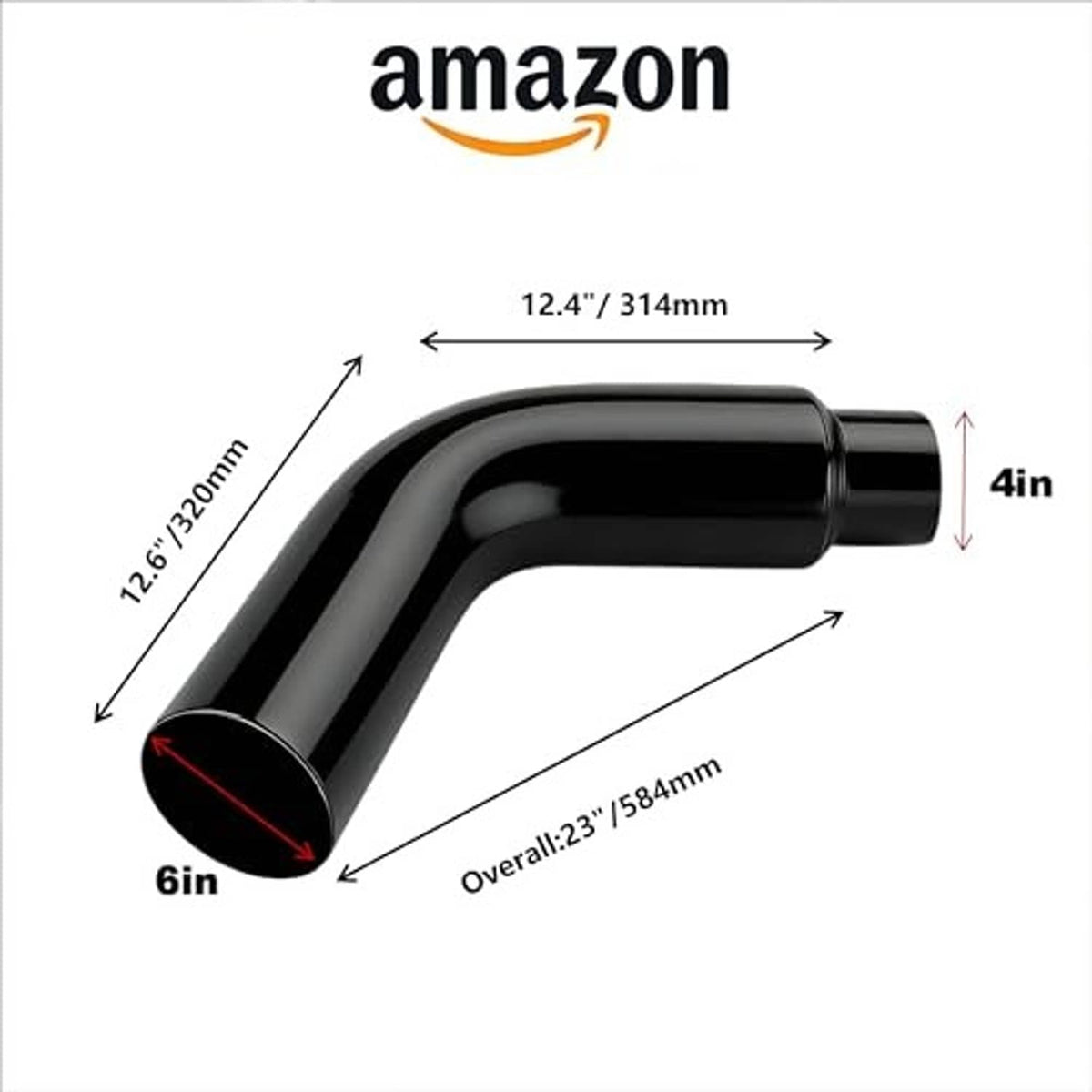 Curved black exhaust elbow pipe with open ends, glossy coating, stainless steel