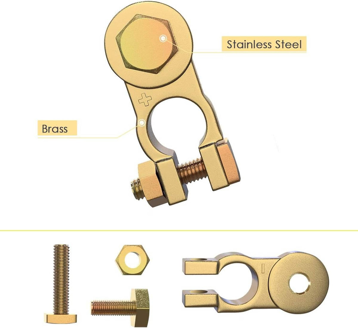 Brass battery terminal connectors with stainless steel hardware, plus and minus marked