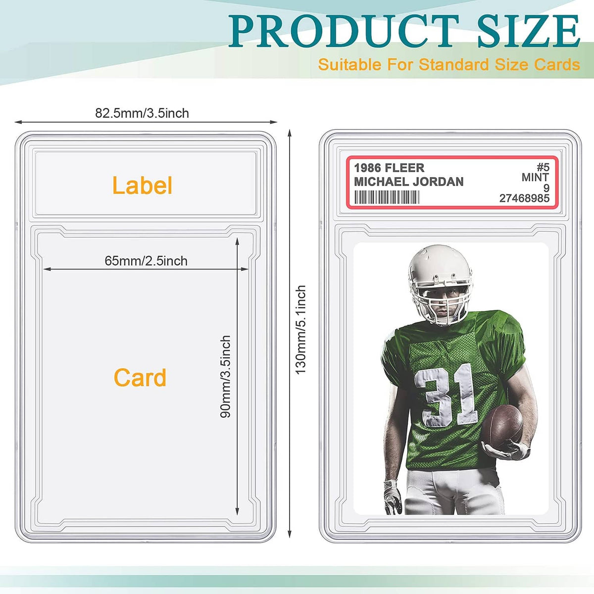 Clear acrylic card holder size diagram for standard trading cards in inches.
