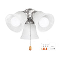 3-light ceiling fan light kit with pull chain, brushed metal base and 3 white glass shades