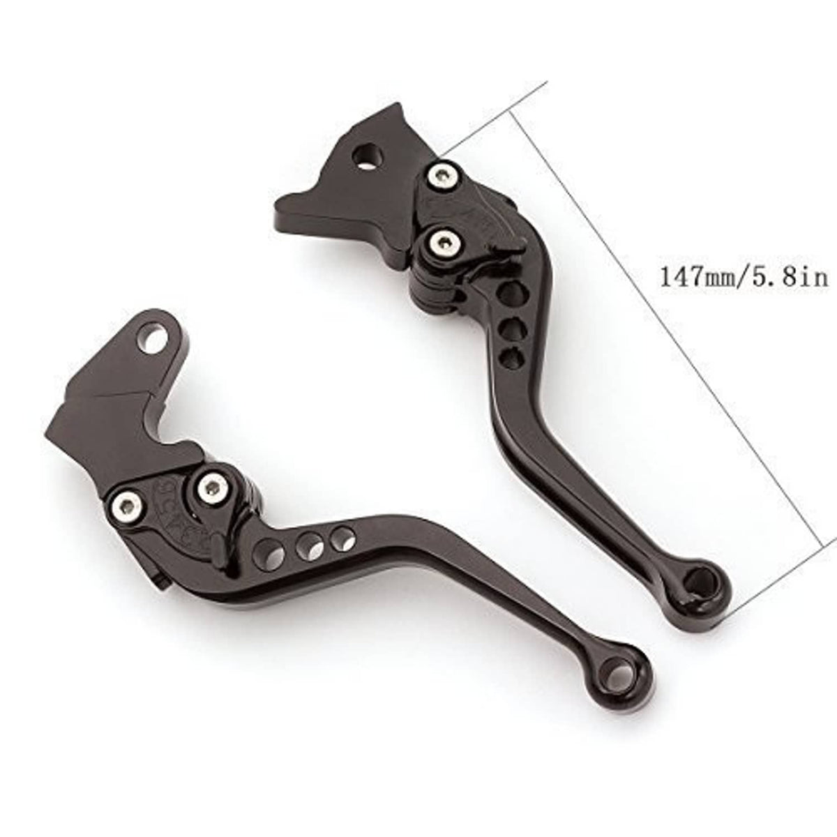 Black adjustable brake and clutch levers with mounting bolts and holes