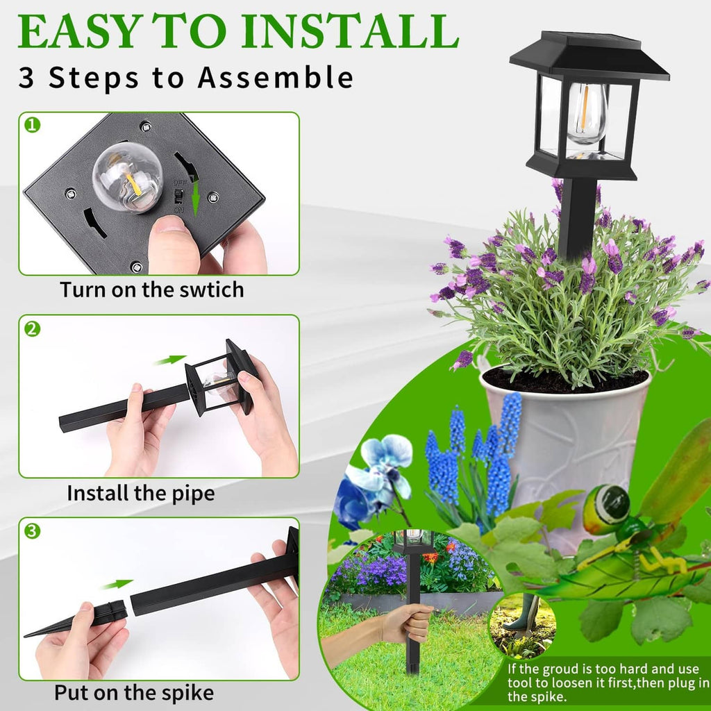 Solar path light with black spike and lantern head, shown with installation parts
