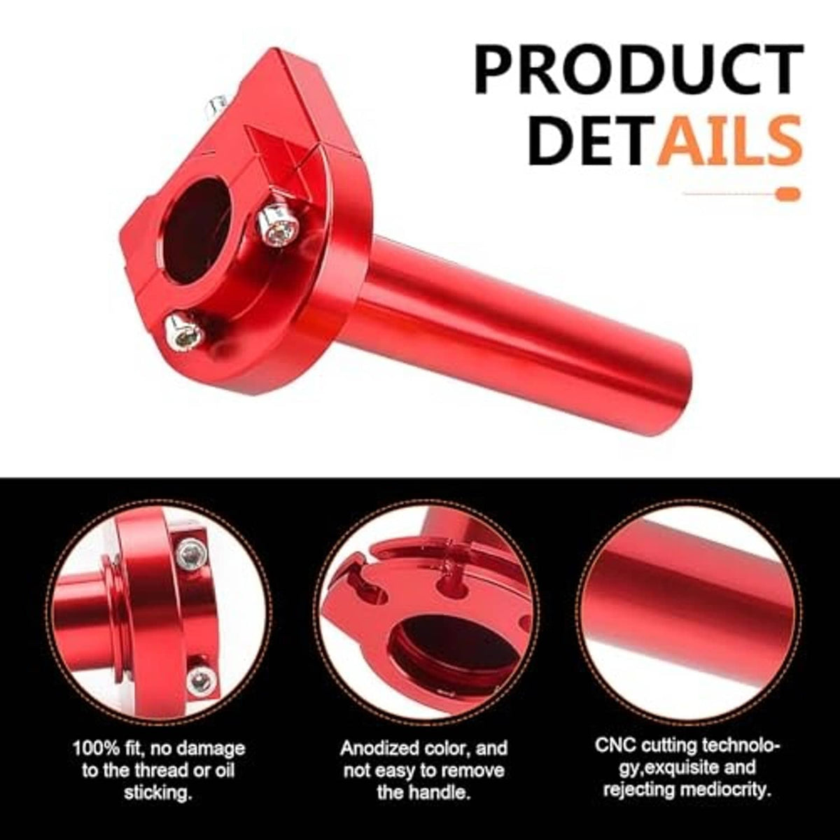 Red motorcycle quick-twist throttle handle with clamp end and side fasteners