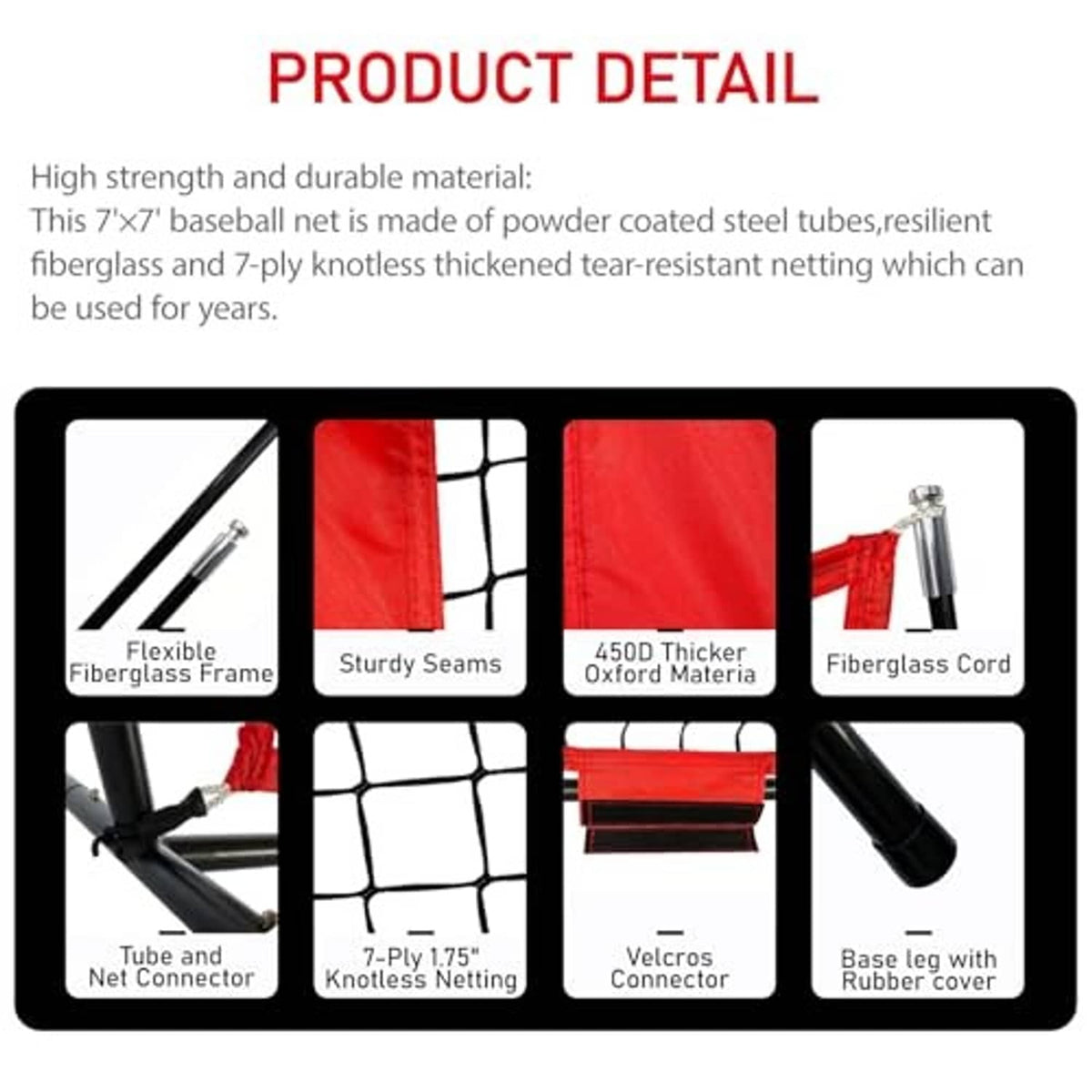 Close-up of baseball net fabric detail with red edging and reinforced seams