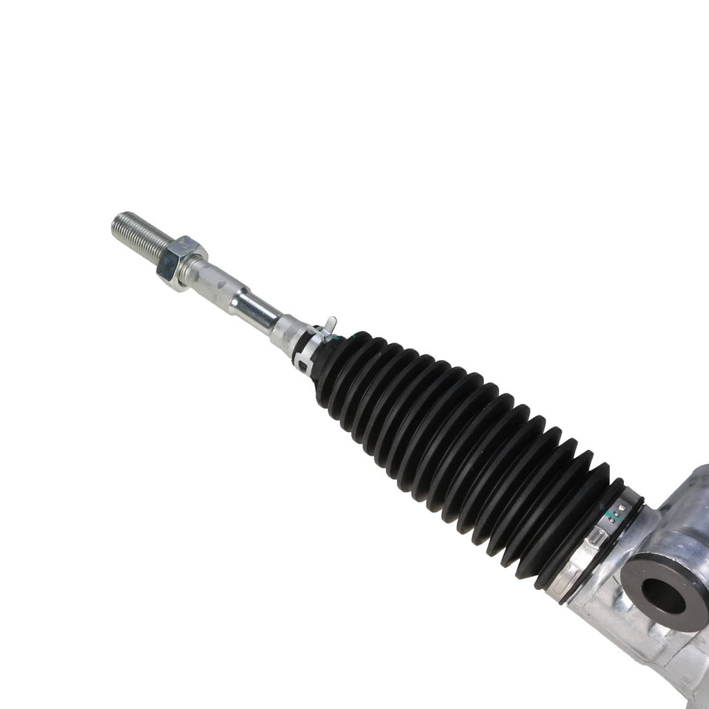 Power steering rack component with black ribbed boot and metal mounting end.