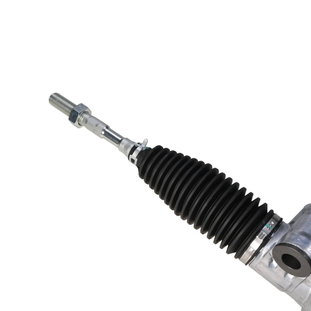 Power steering rack component with black ribbed boot and metal mounting end.
