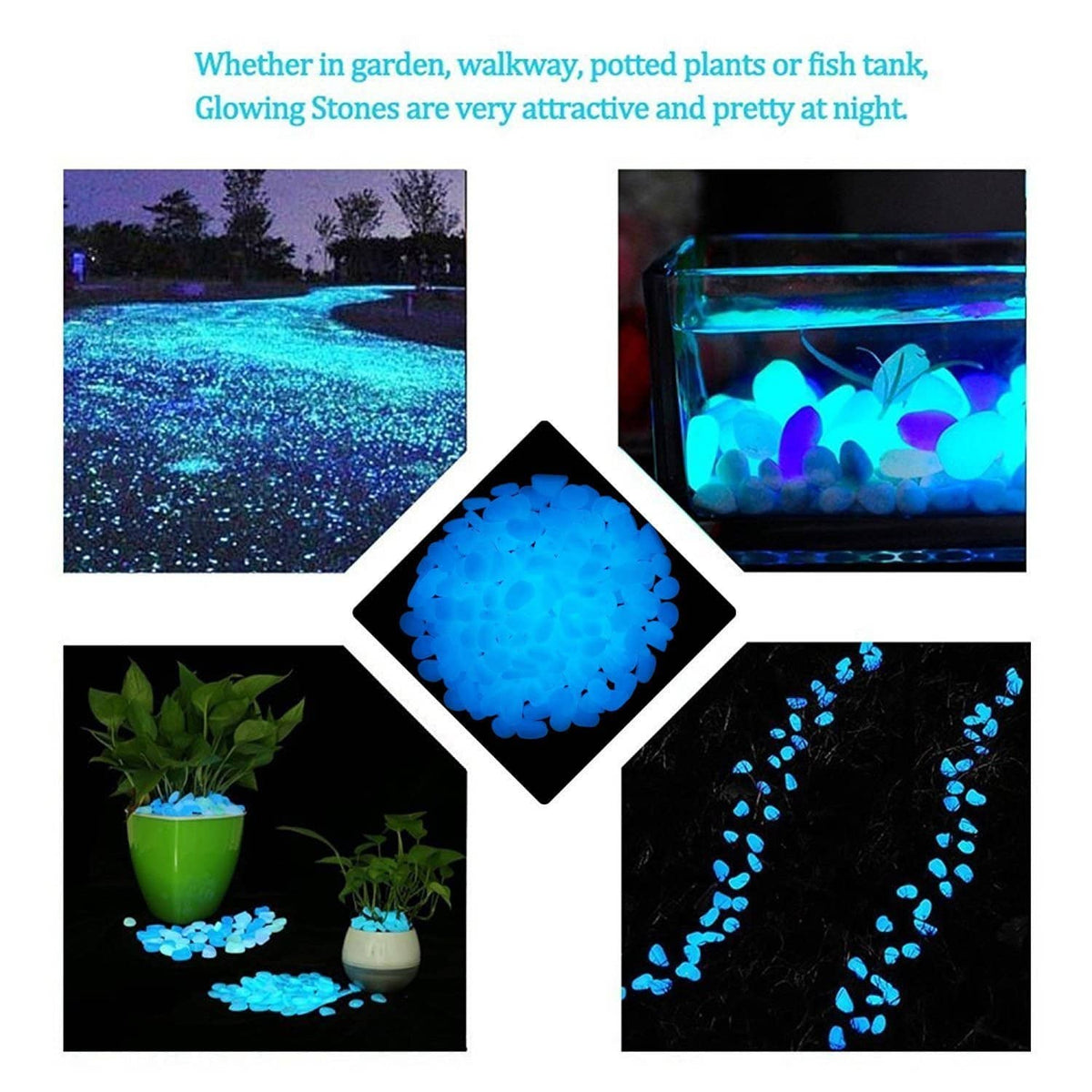 Blue glow stones shown in garden and aquarium settings with bright night glow