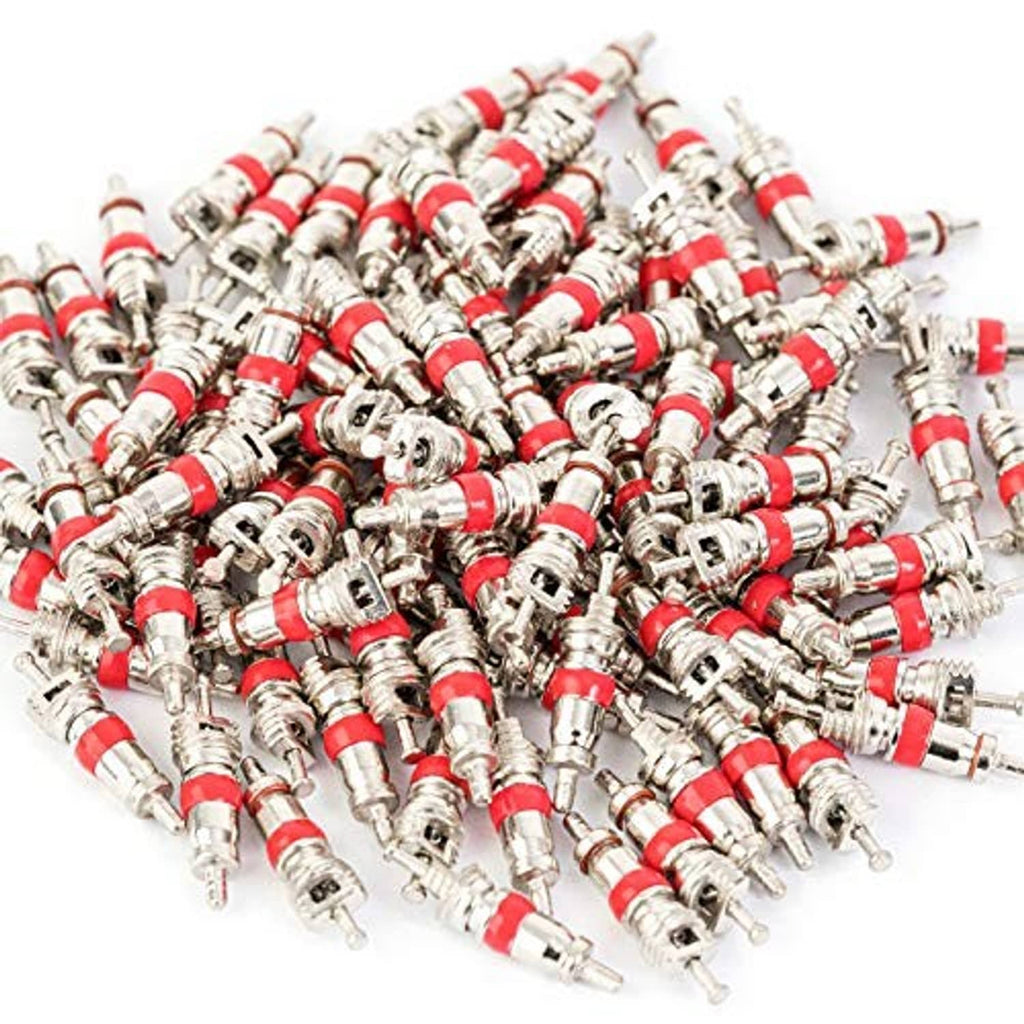 Tire valve core replacements with red rubber rings and silver metal valve stems