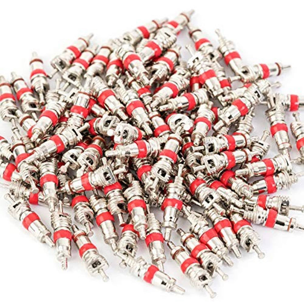 Tire valve core replacements with red rubber rings and silver metal valve stems