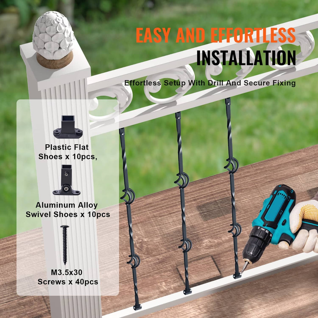 Matte black steel balusters with double-basket scroll loops, includes screws and fittings