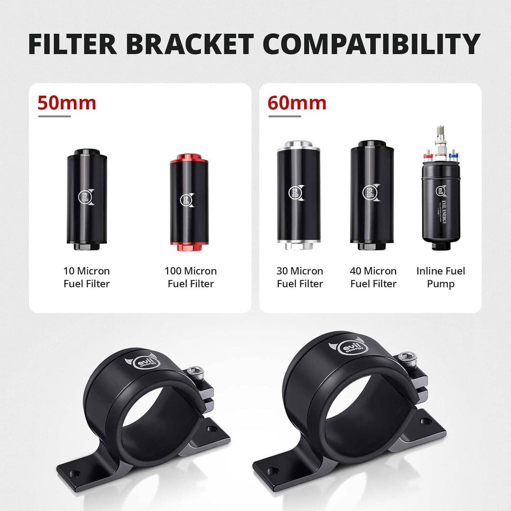 Black 60mm fuel filter mounting bracket with clamp opening and flat bolt base