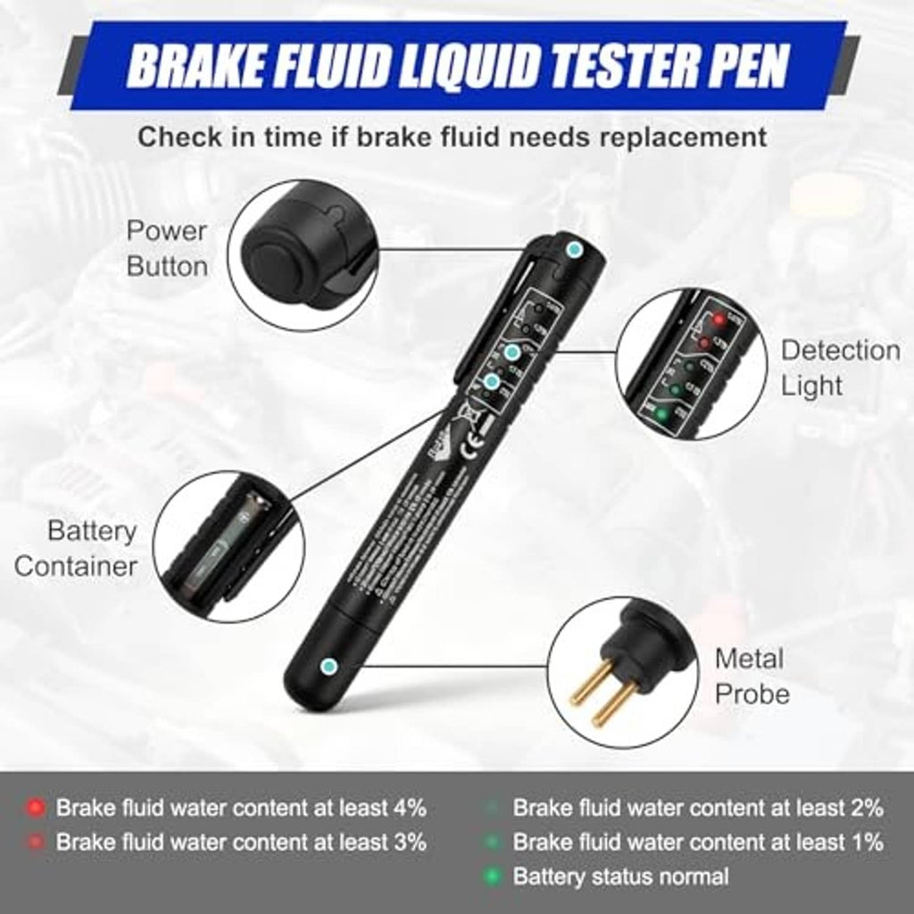 Brake fluid liquid tester pen with metal probe tip, battery case, and indicator lights