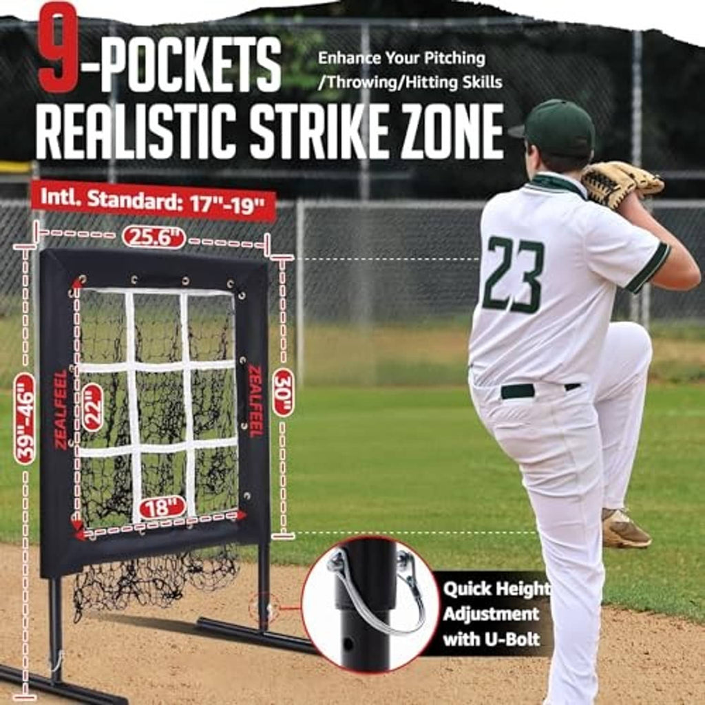 Pitching practice net with strike zone target panel and height adjustment area