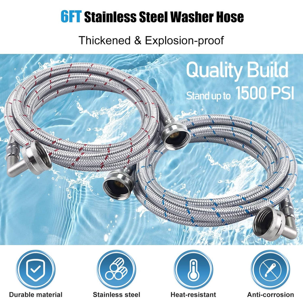 Braided stainless steel washer hoses with metal end fittings and reinforced connectors