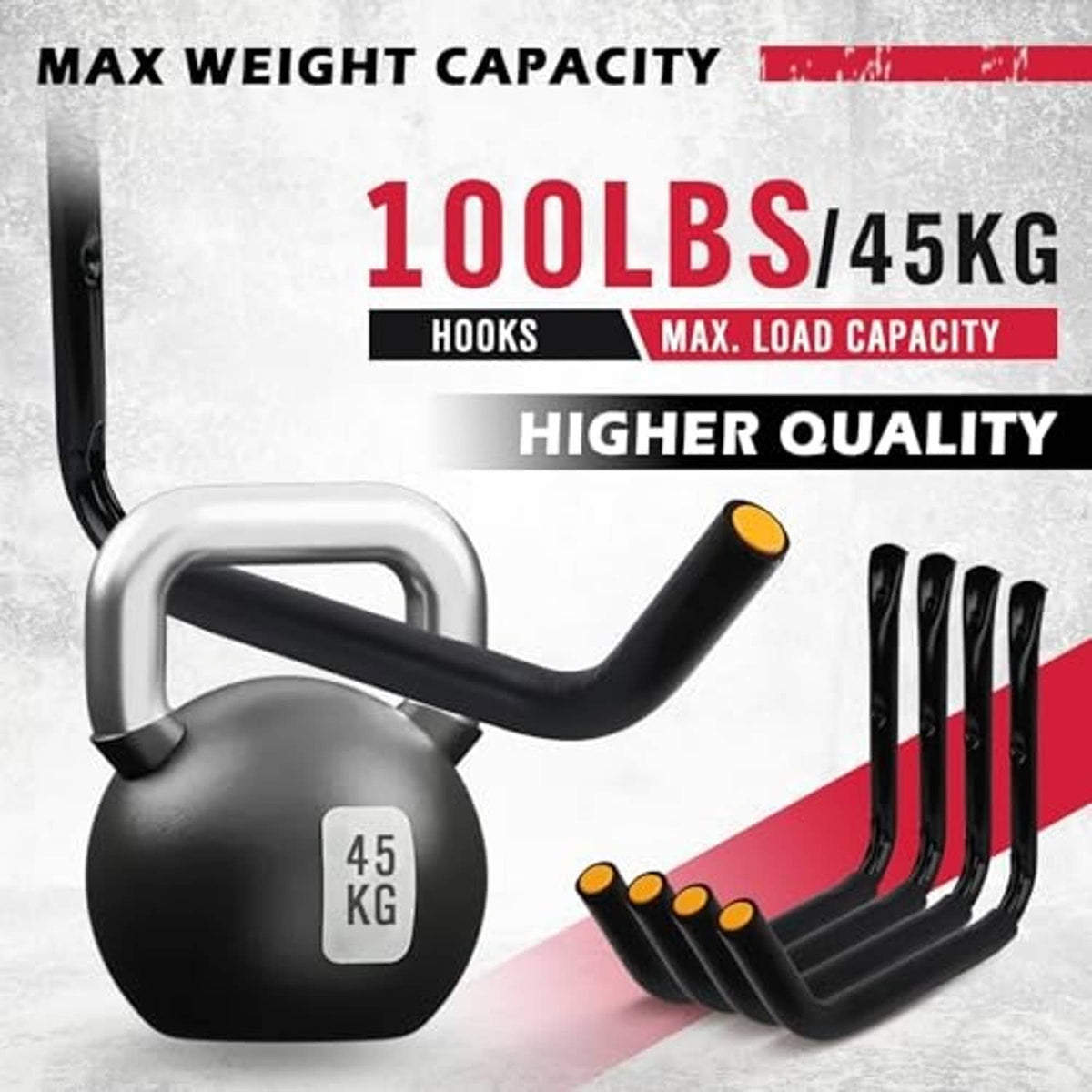 Black garage storage hooks with higher load capacity visual and kettle-style weight icon