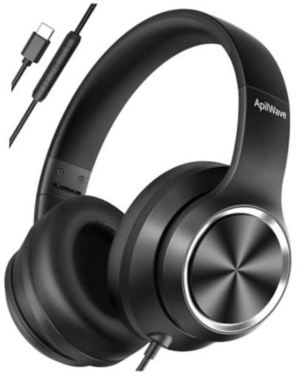 Black over-ear wired noise-cancelling headphones with USB-C cable and inline controls