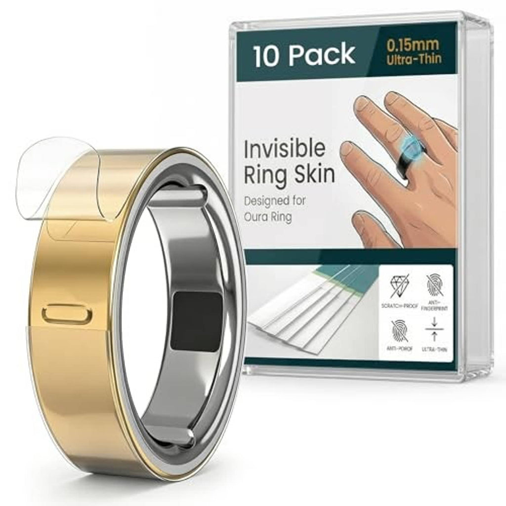 Ultra-thin clear ring skin cover, 10-pack box with film over gold and gray ring