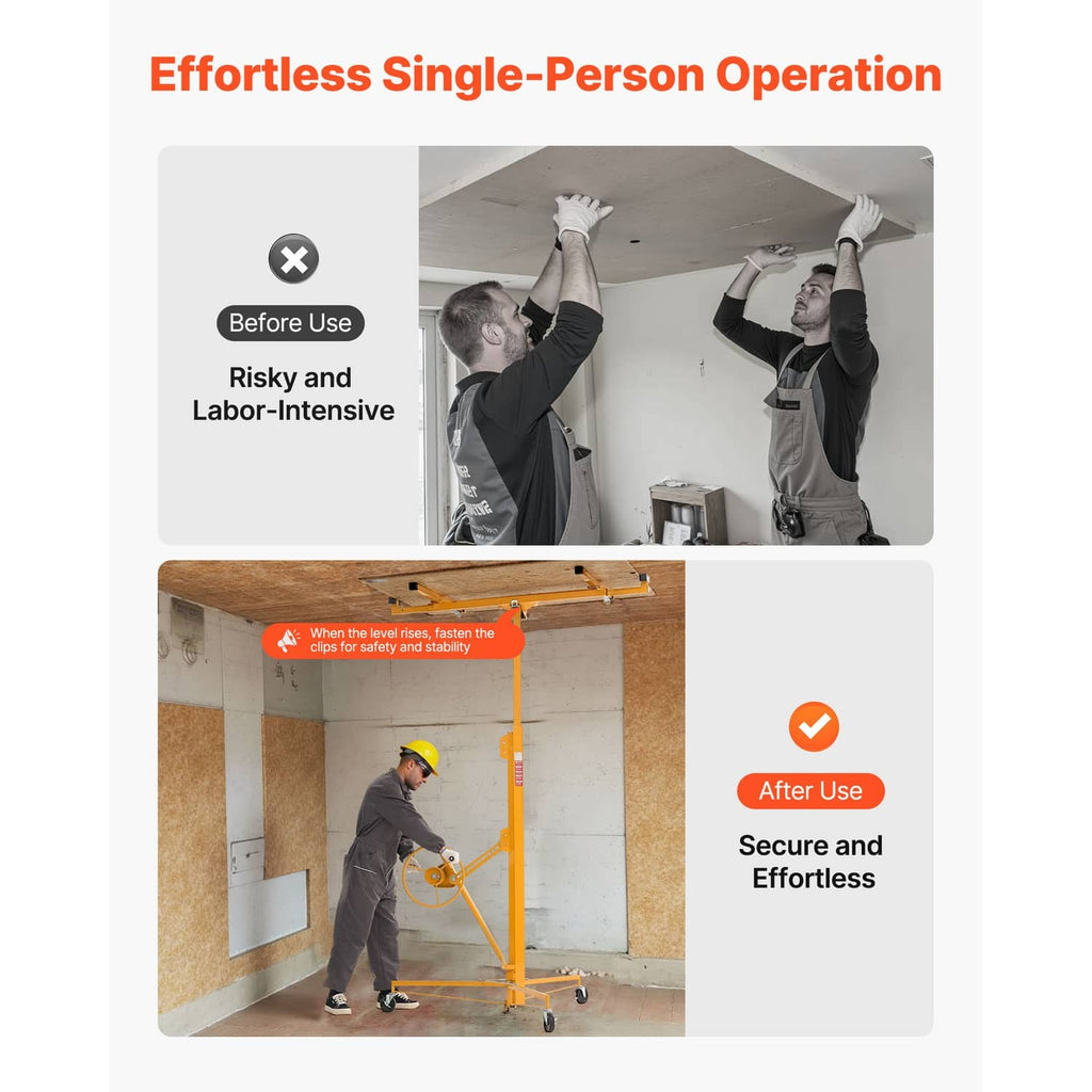 Orange drywall hoist with adjustable arm and lockable wheels, lifting a ceiling panel.
