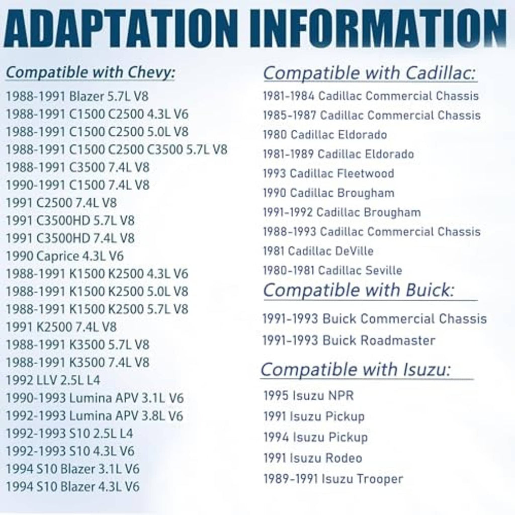 Adaptation information compatibility chart for Chevy models, printed text on white