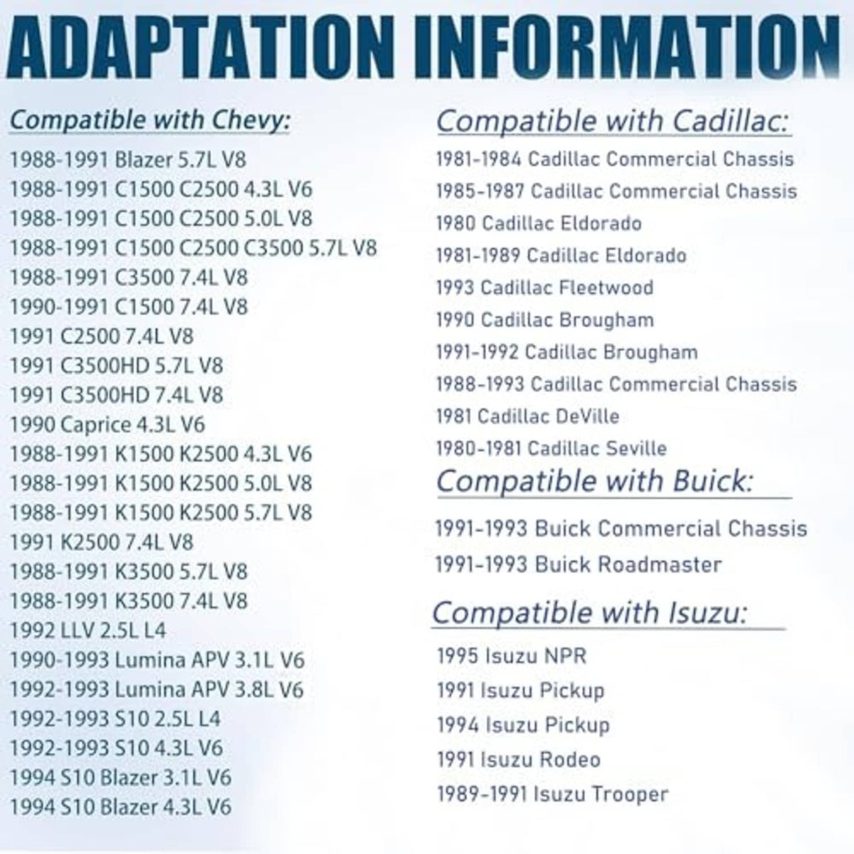 Adaptation information compatibility chart for Chevy models, printed text on white