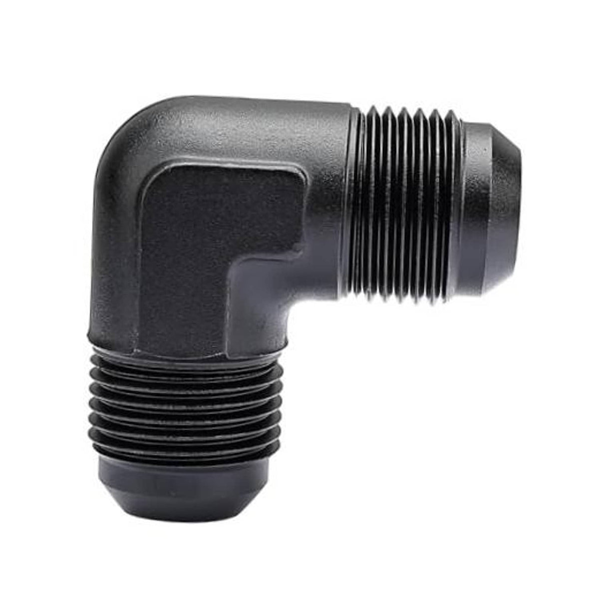 90-degree AN male-to-male flare union coupler fitting with black finish and threaded ends
