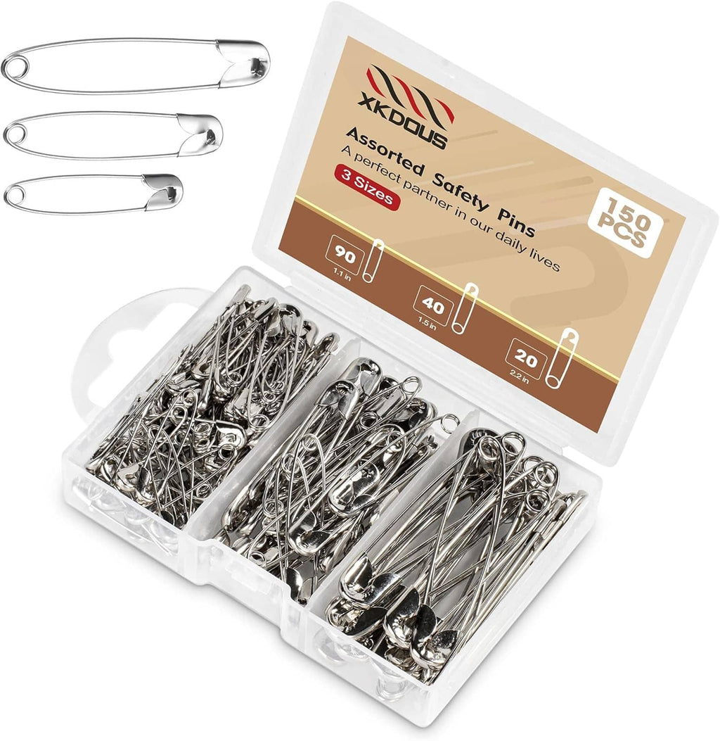 Assorted silver safety pins bulk pack in clear plastic container with size chart card