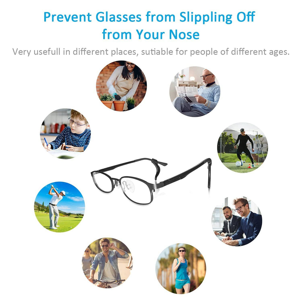 Black silicone eyeglass ear grips attached to glasses temples
