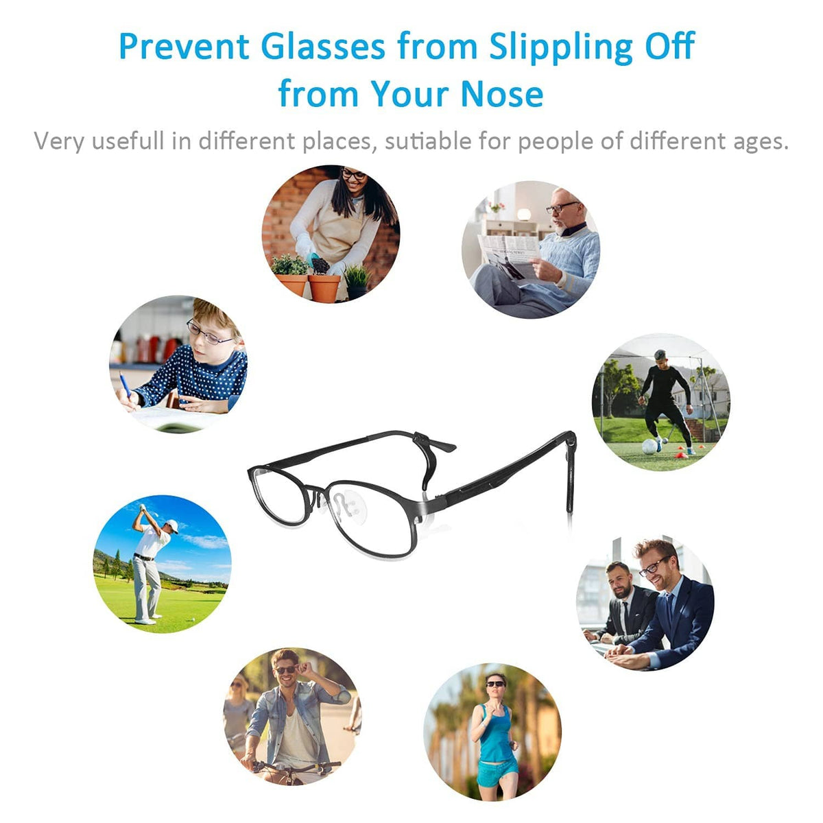Black silicone eyeglass ear grips attached to glasses temples