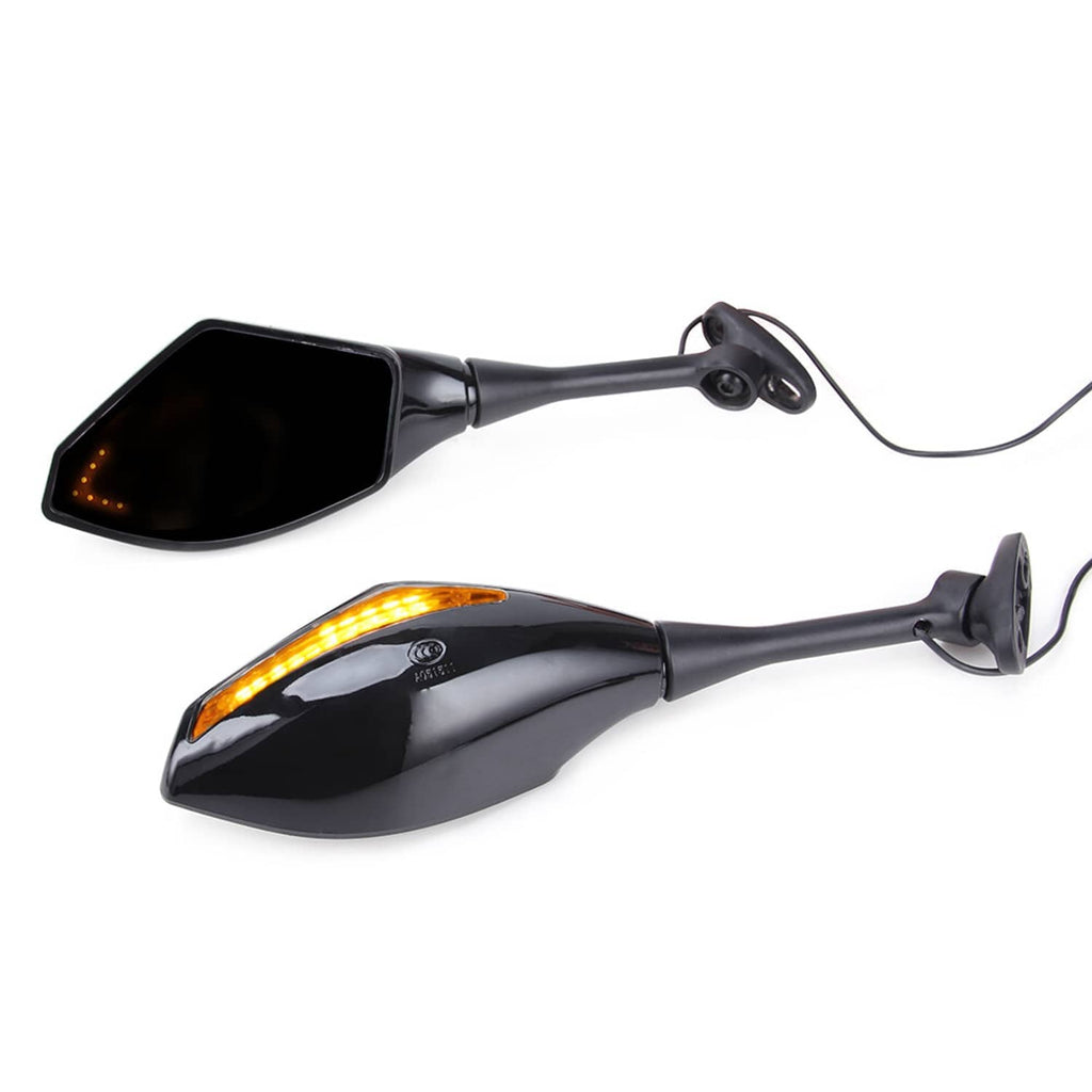 Pair of black LED turn signal side mirrors with amber lights glowing
