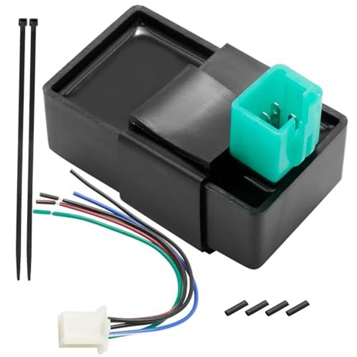 Black CDI box with teal 5-pin connector, wire harness, and small pin terminals