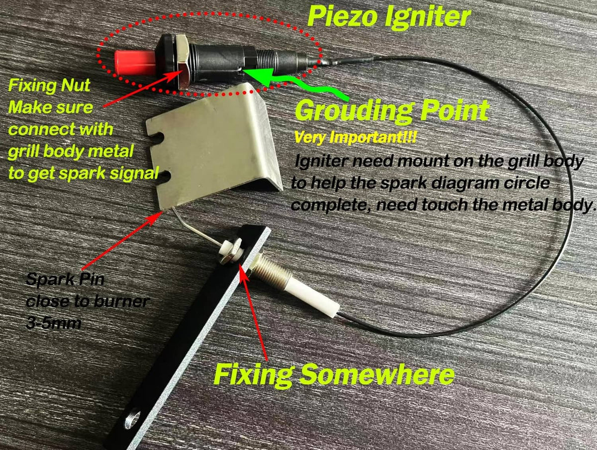 Piezo igniter setup with black module, red cap, spark pin, ground point, and cable