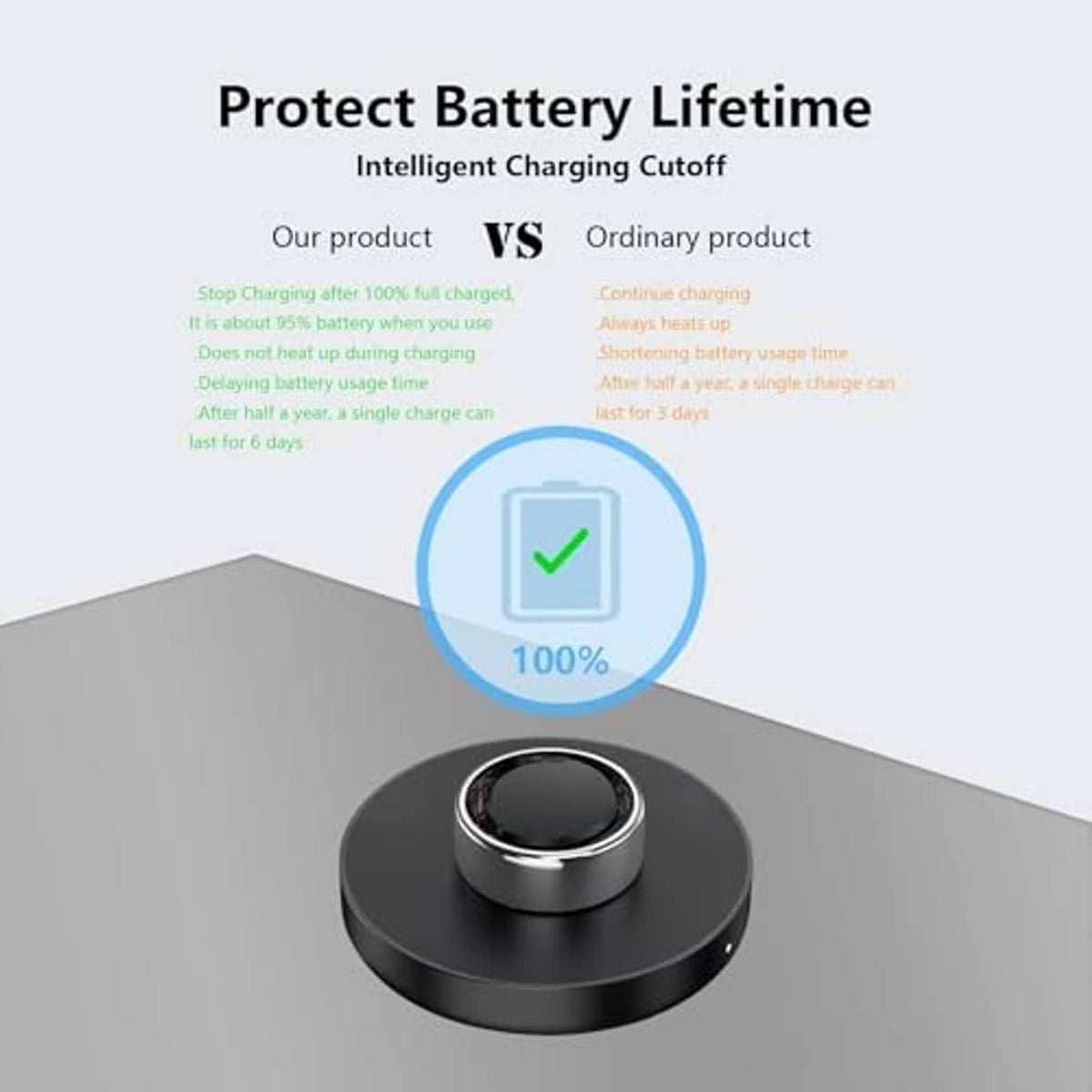 Black charging dock with central cup for a ring, shown on a tabletop