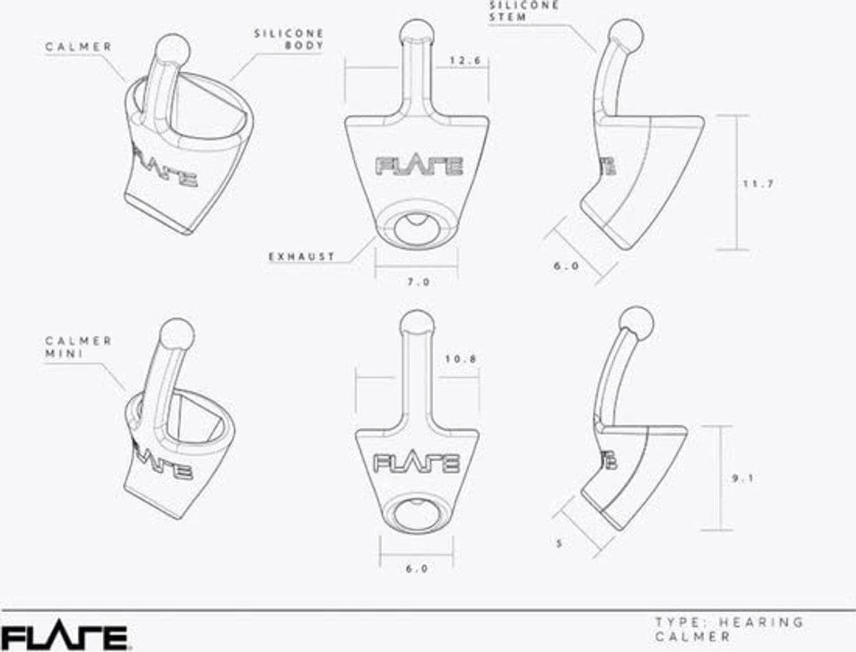 Silicone earplug sizing diagram with CALMER and FLARE callouts