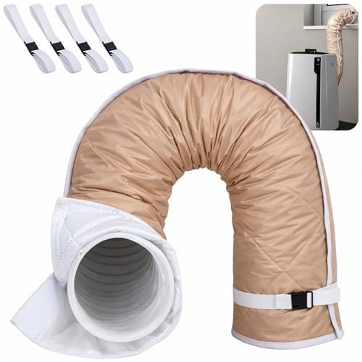 Beige insulated AC hose wrap with white opening and buckle strap, quilted fabric sleeve