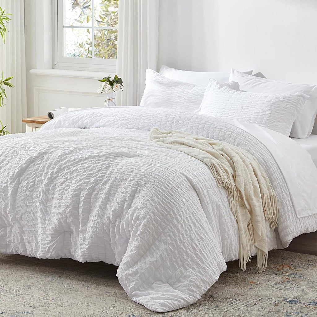 White seersucker king comforter set with matching pillowcases and bed skirt