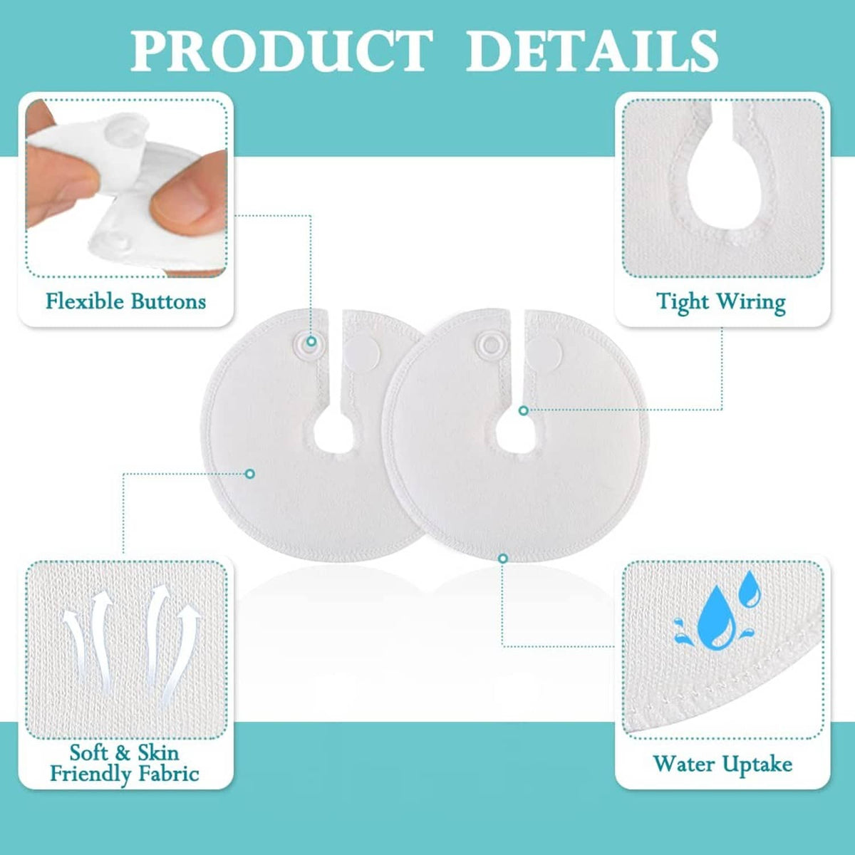 White button cover pads with central stitched port opening and circular shape