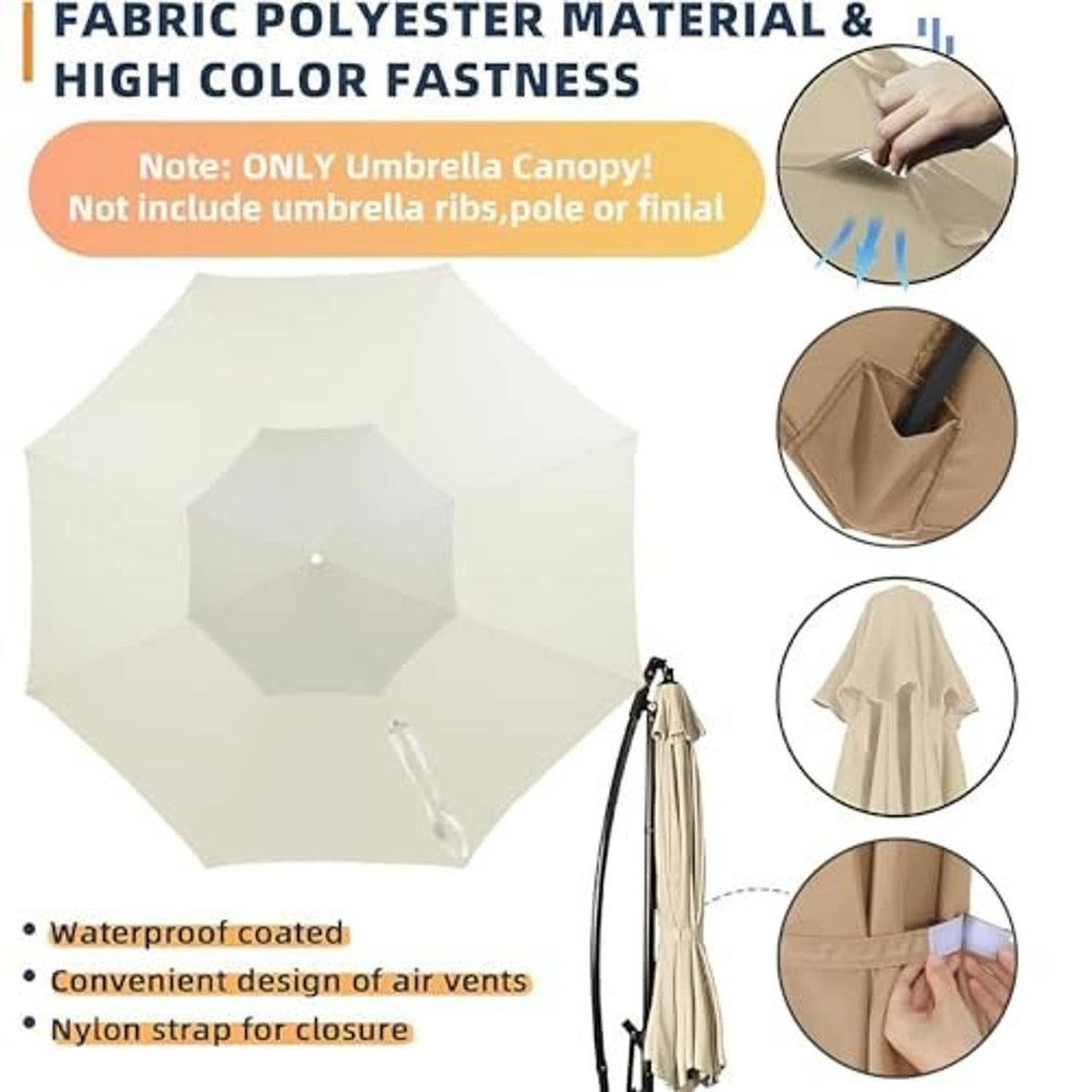 Light khaki patio umbrella replacement canopy with closure strap