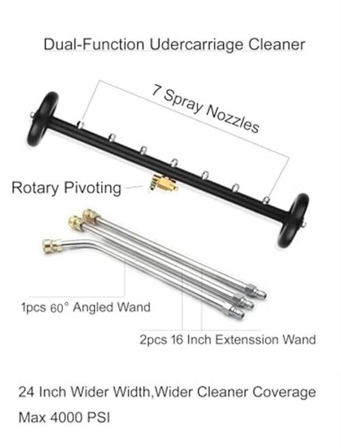 Rotary undercarriage cleaner bar with 7 spray nozzles and 16 in extension wand