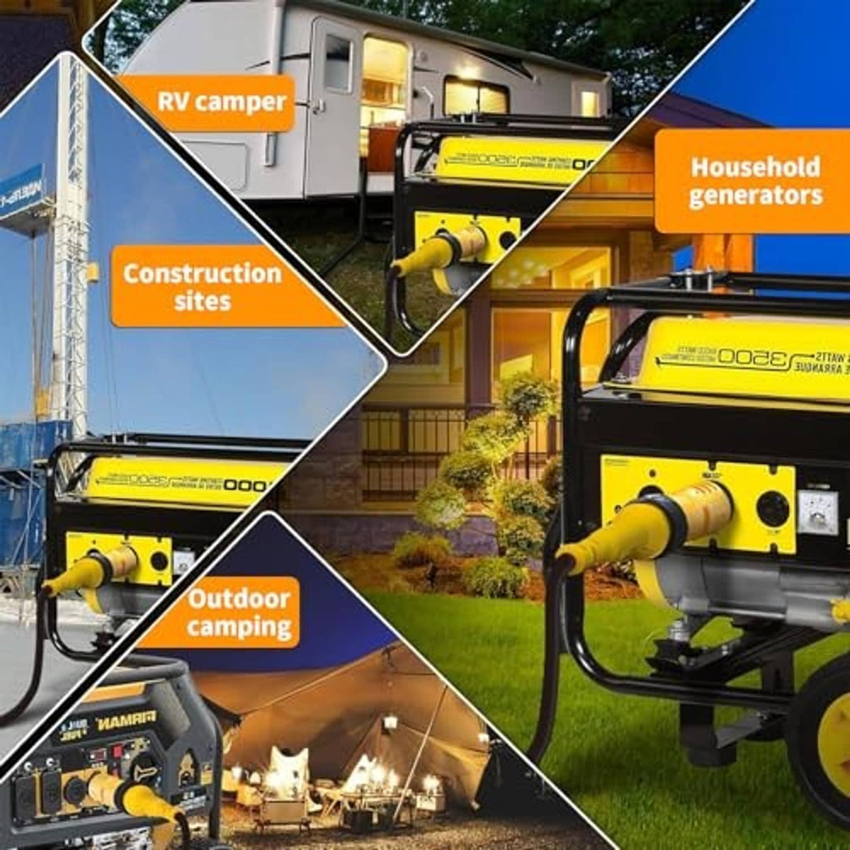 Yellow generator outlet adapter plug connected for outdoor RV and household power