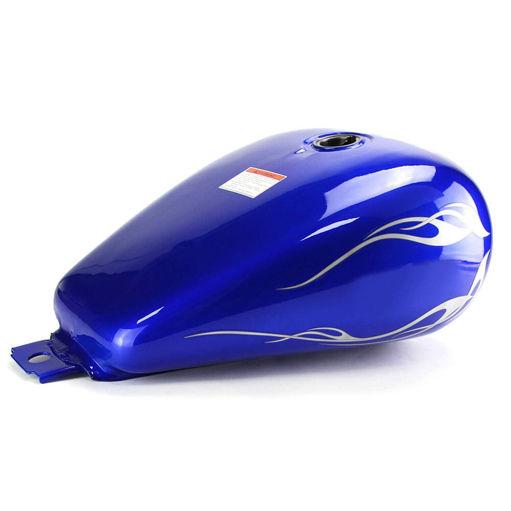 Blue 3.4-gallon motorcycle fuel tank with white swoosh graphics and fuel cap opening