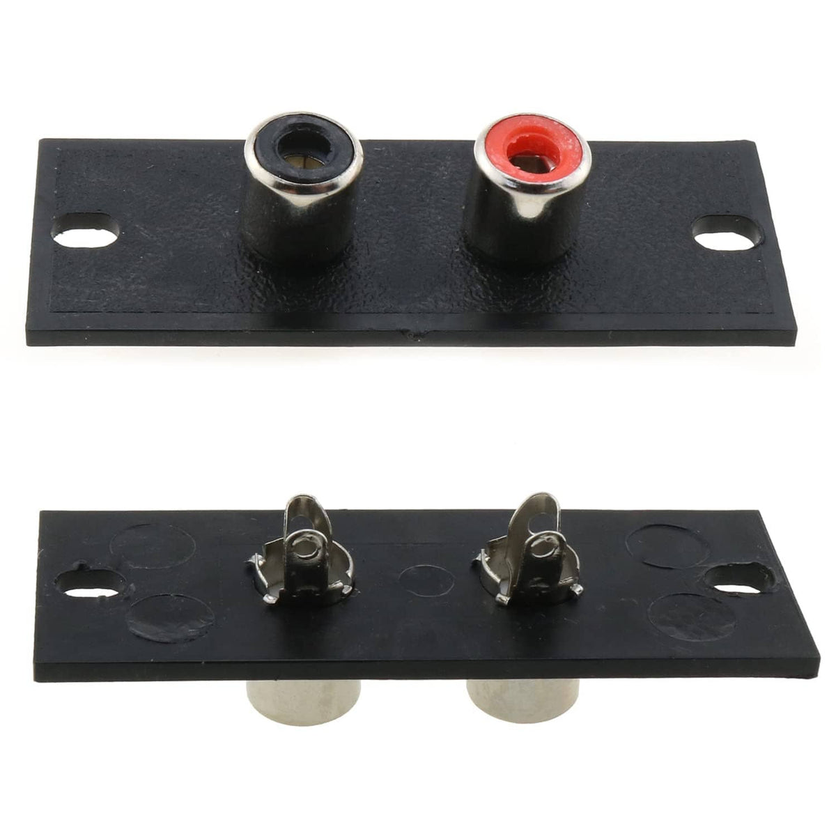 Black RCA wall plate showing both sides: gold-ring RCA port and red RCA port.