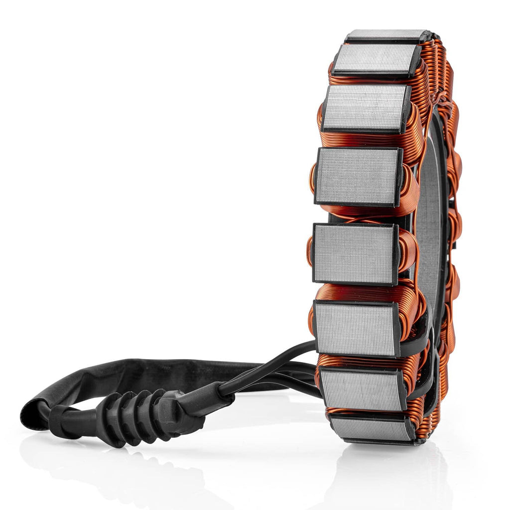 Side view generator stator coil with copper windings, gray laminations, and black wiring