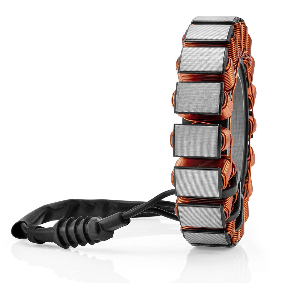 Side view generator stator coil with copper windings, gray laminations, and black wiring