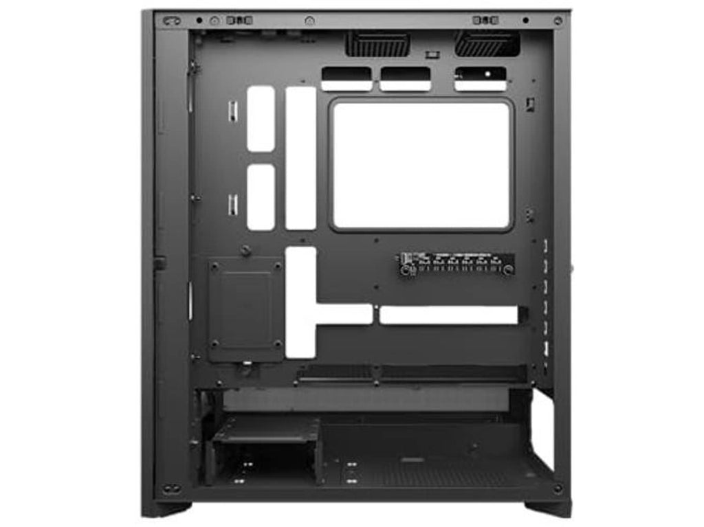 Black ATX mid-tower case interior layout with motherboard tray and drive bays