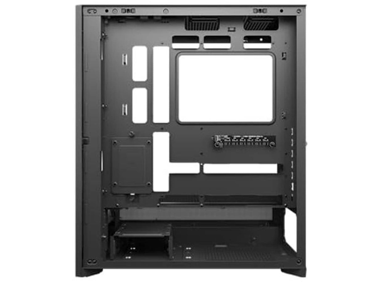Black ATX mid-tower case interior layout with motherboard tray and drive bays