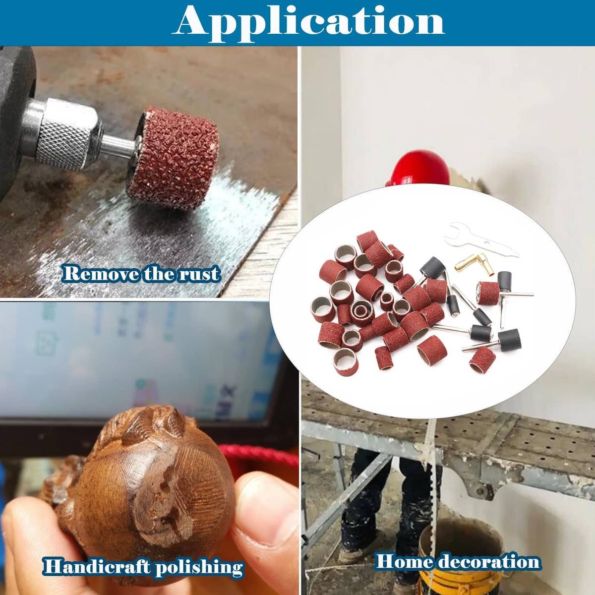 Sanding drum kit for rust removal, polishing, and home decoration projects