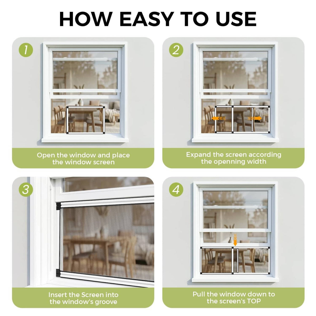 Adjustable window screen installation steps panel, showing screen insert and window groove fit