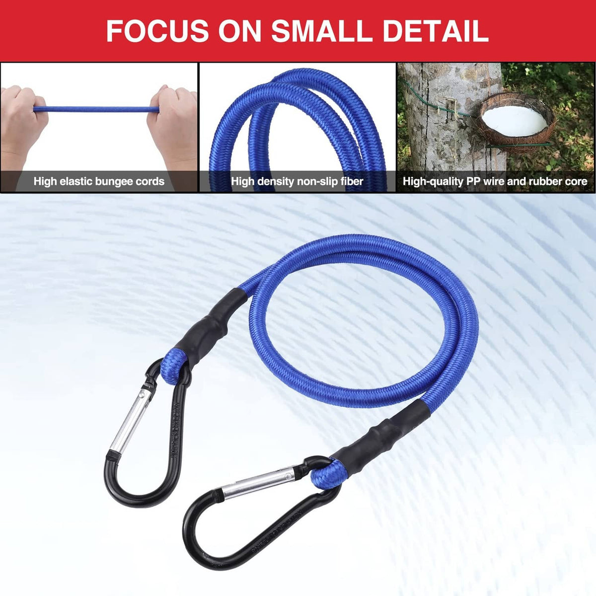 Blue bungee cords with black hooks and blue loop; close-up detail on elastic cord